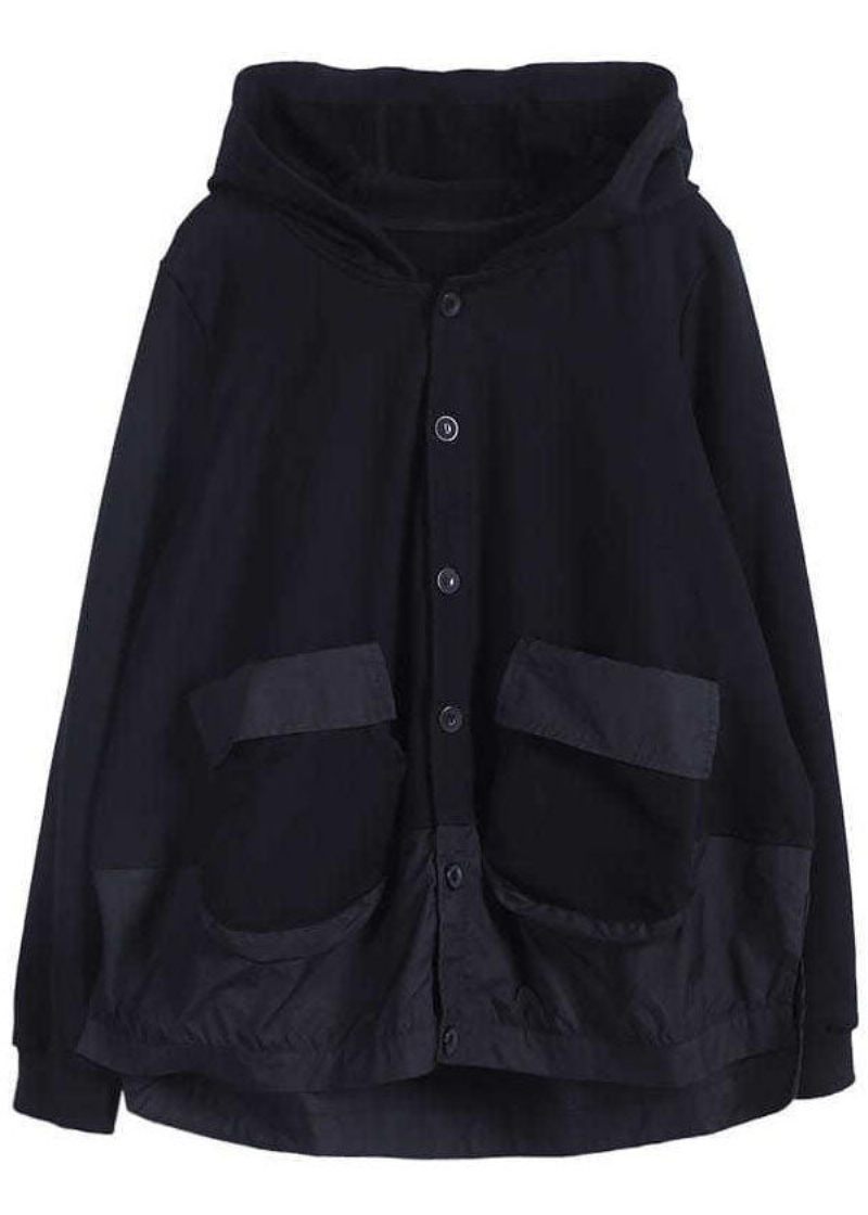 Kvinnor Svart Hooded Patchwork Cotton Spring Coat - Svart