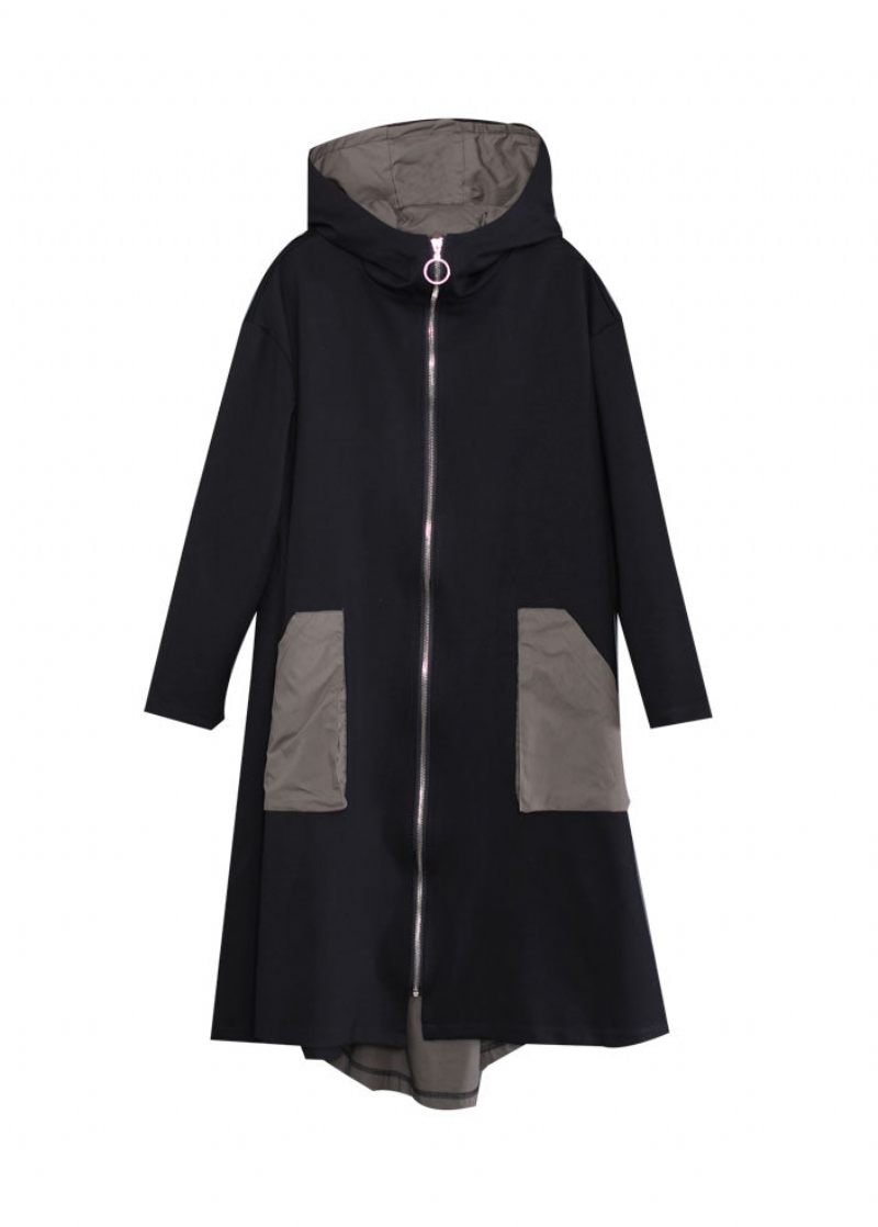 Kvinnor Svart Hooded Zip Up Fickor Patchwork Bomull Trench Coats Ytterkläder Höst - Trenchcoats för kvinnor