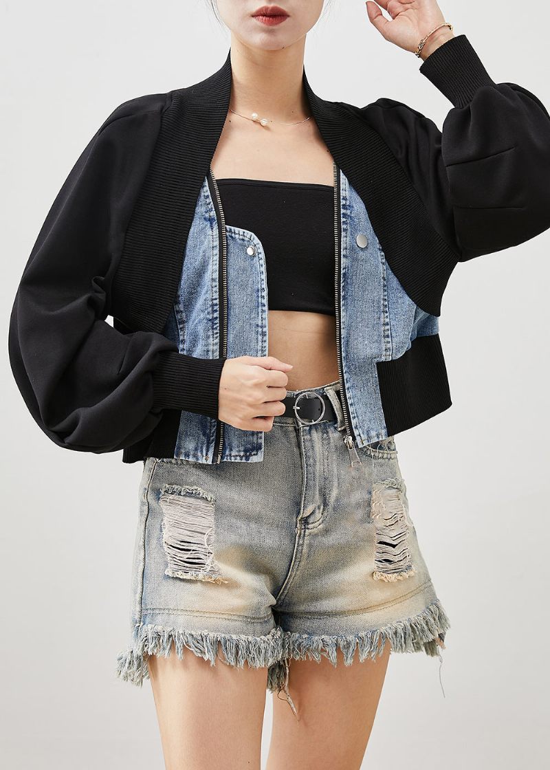 Kvinnor Svart Oversized Patchwork Denim Falska Tvådelade Kappor Våren