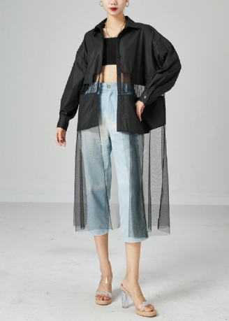 Kvinnor Svart Oversized Tyll Patchwork Hollow Out Bomull Lång Kappa Sommar