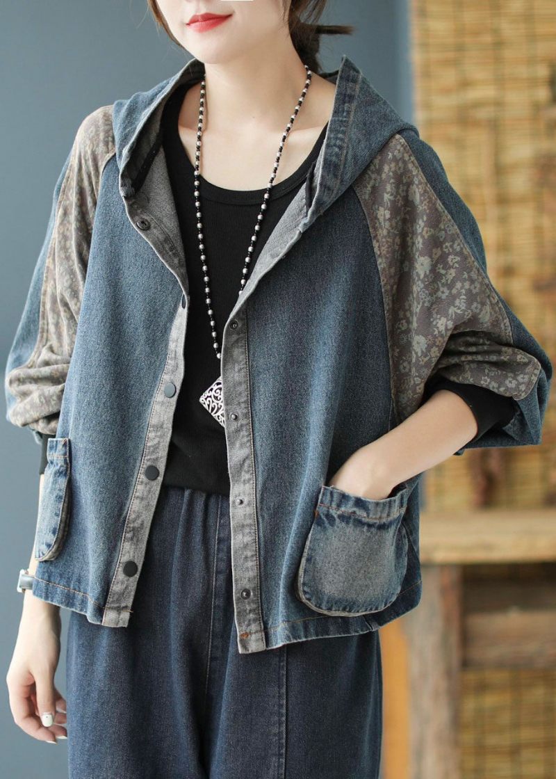 Kvinnor Svart Print Patchwork Loose Fall Denim Hoodie Coat - Svart