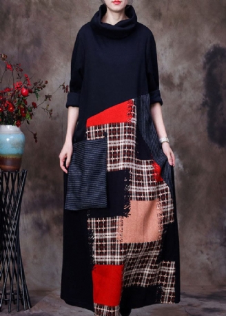 Kvinnor Svart Turtle Neck Patchwork Woolen Dress Spring