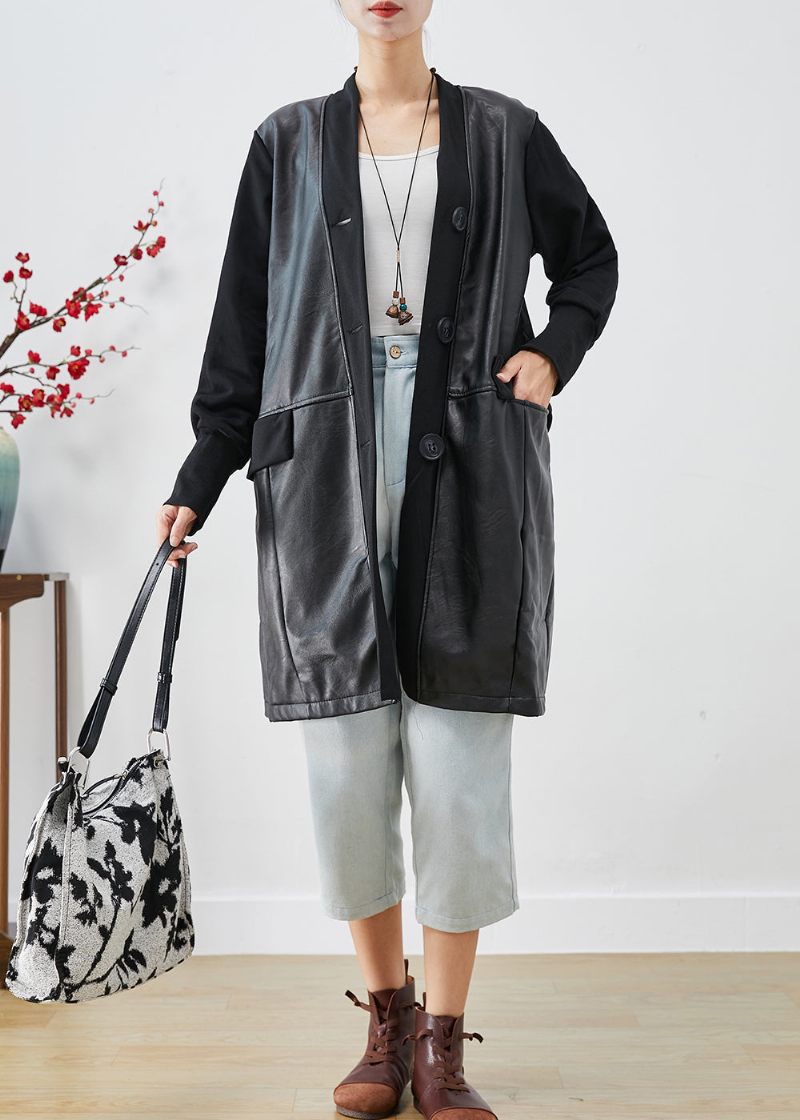 Kvinnor Svart V-hals Patchwork Faux Läder Coat Fall