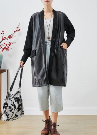 Kvinnor Svart V-hals Patchwork Faux Läder Coat Fall