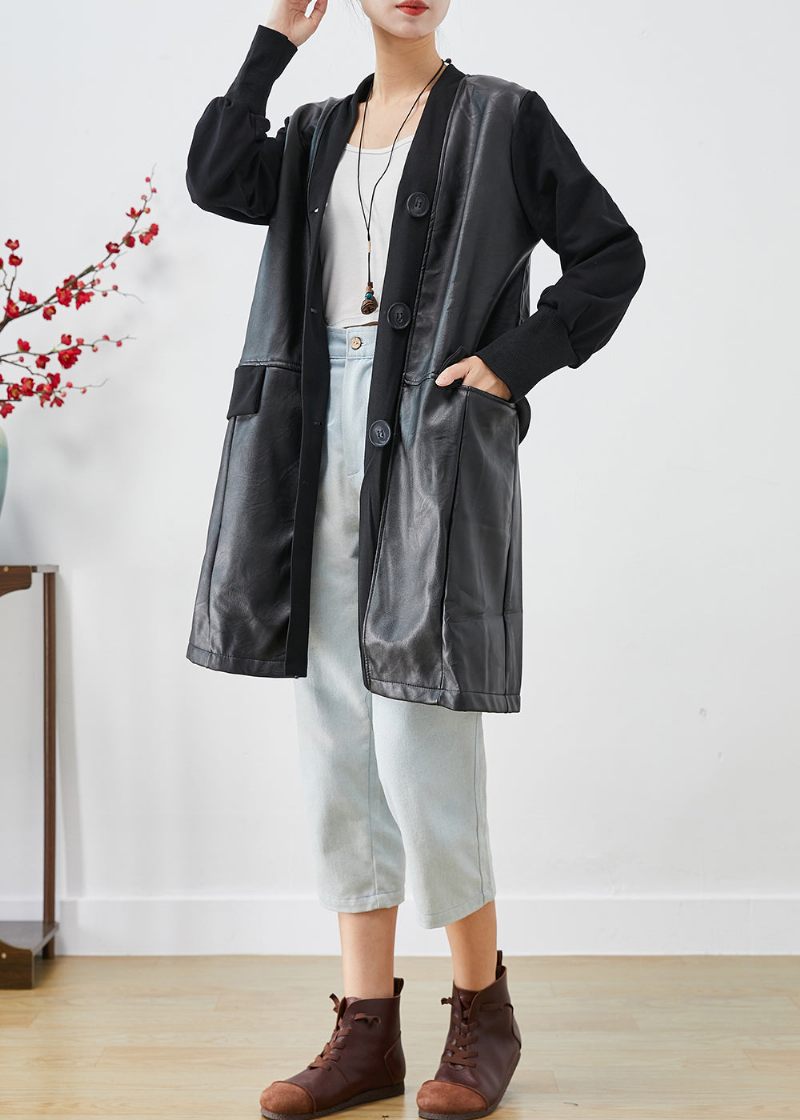 Kvinnor Svart V-hals Patchwork Faux Läder Coat Fall - Trenchcoats för kvinnor