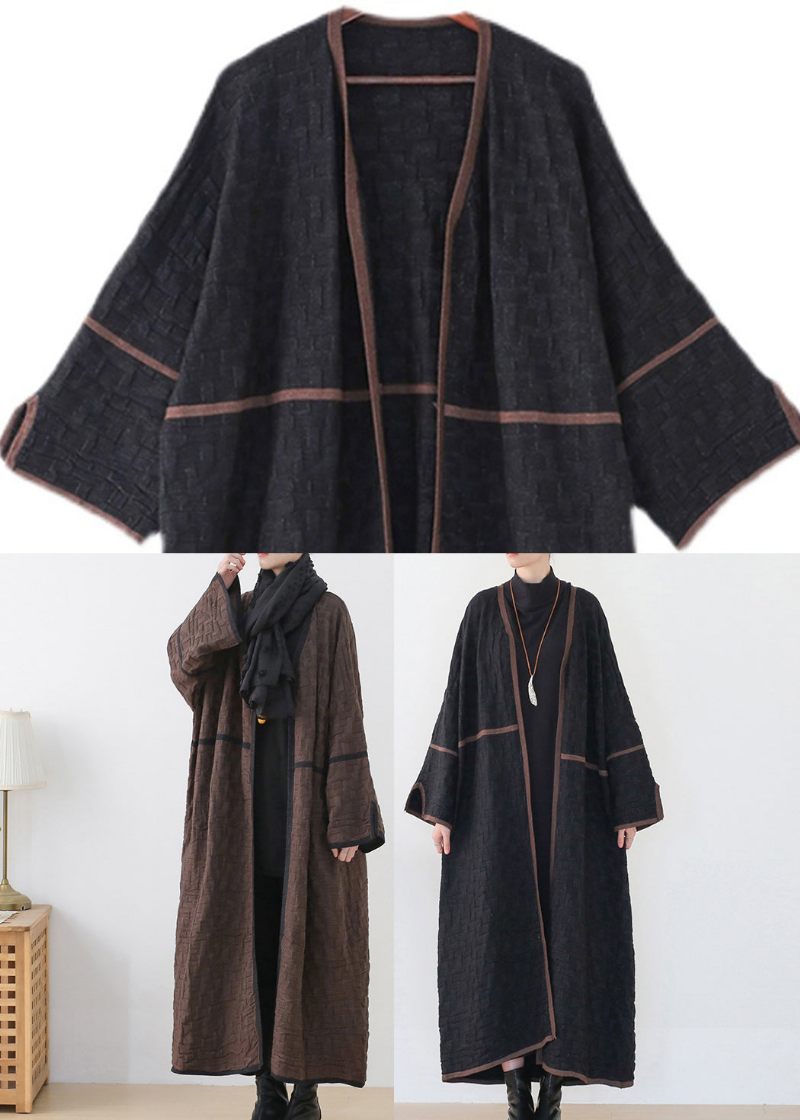 Kvinnor Svart V-hals Patchwork Woolen Trench Coats Långärmad - Svart