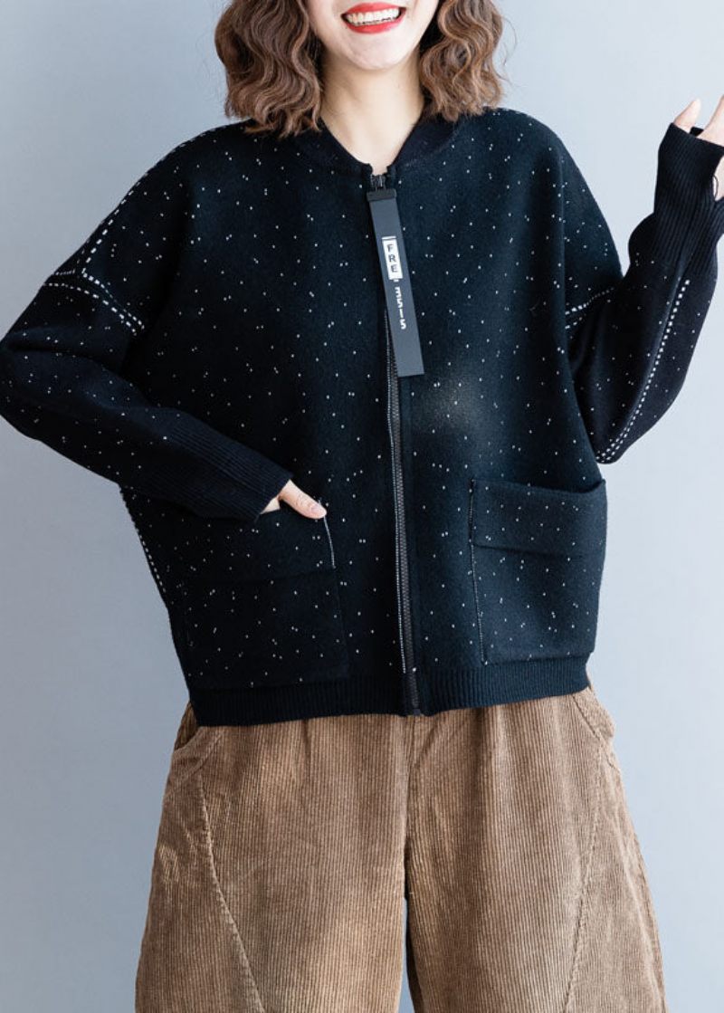 Kvinnor Svart Zip Up Dot Woolen Knit Coat Winter