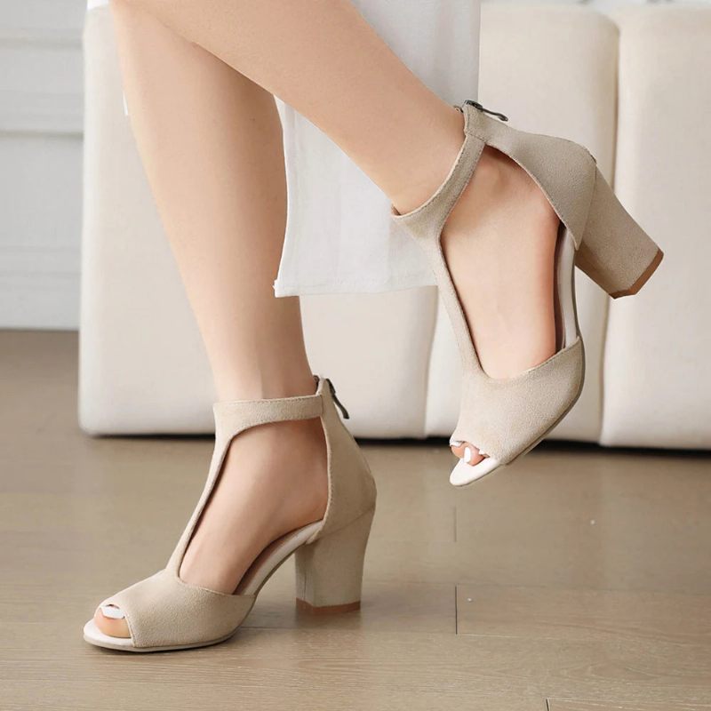 Kvinnor T-band Sandaler Sommar Högklackat Öppen Tå Gladiator Chunky Heel Skor Kvinna Party Pumps - Beige