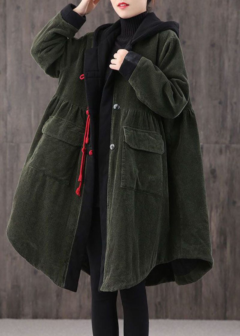 Kvinnor Tea Green Hooded Knappfickor Patchwork Winter Cotton Parka Långärmad Kappa