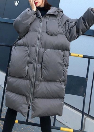 Kvinnor Trendig Plus Size Vinterjacka Överrock Grå Huva Dragkedja Dam Parkas