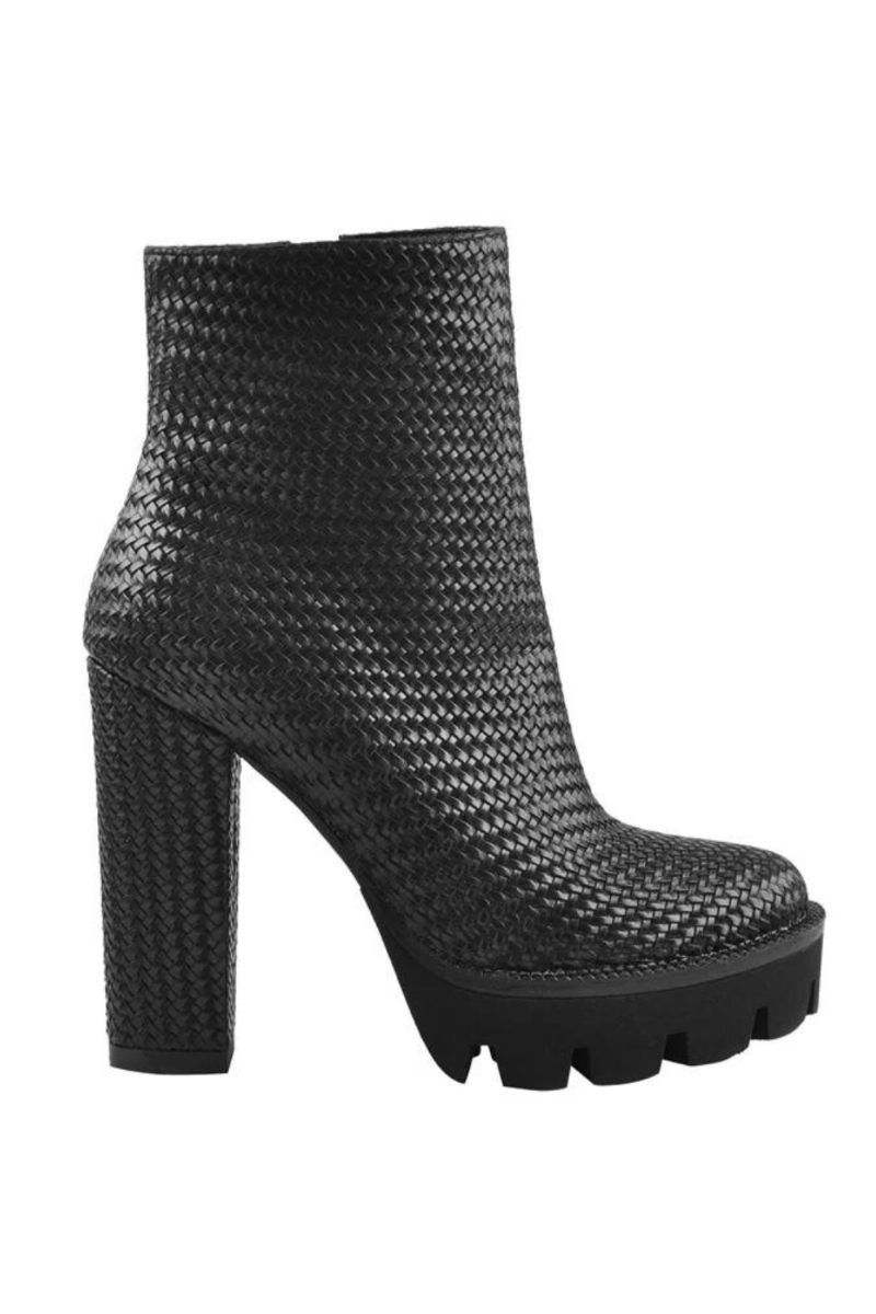 Kvinnor Weave Ankel Boots Plattform Högklackat Matt Svart Vit Side Zipper Booties