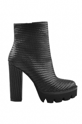 Kvinnor Weave Ankel Boots Plattform Högklackat Matt Svart Vit Side Zipper Booties