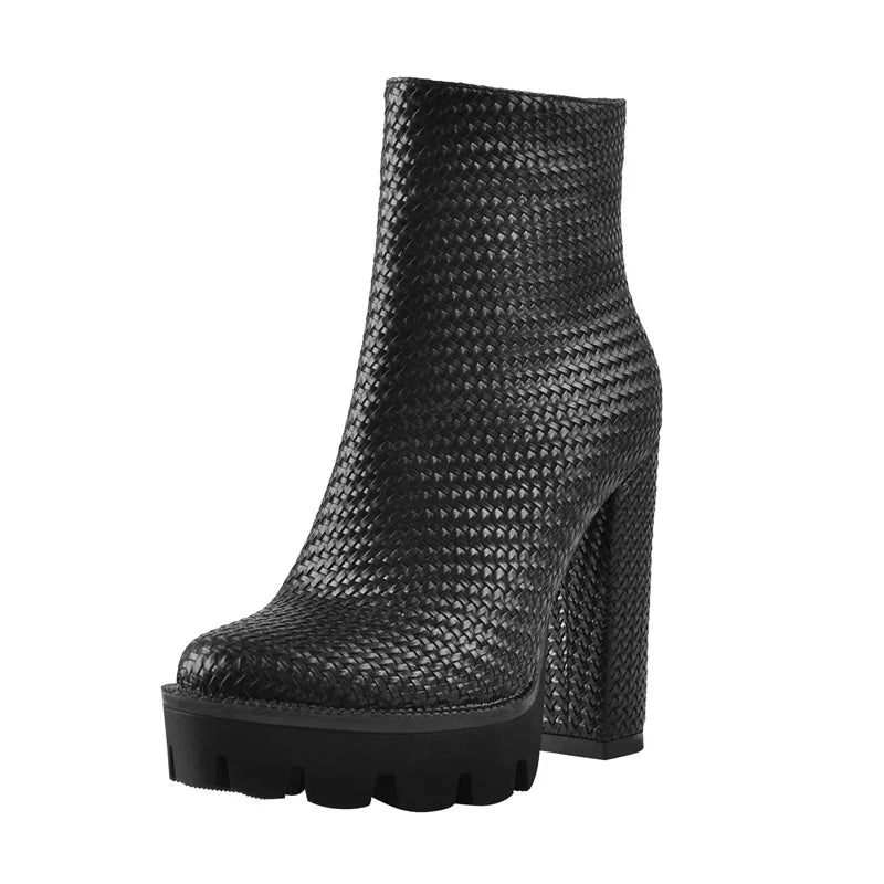 Kvinnor Weave Ankel Boots Plattform Högklackat Matt Svart Vit Side Zipper Booties - Svart