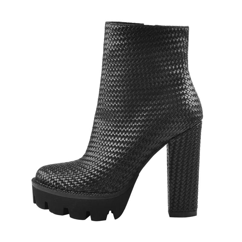 Kvinnor Weave Ankel Boots Plattform Högklackat Matt Svart Vit Side Zipper Booties - Svart