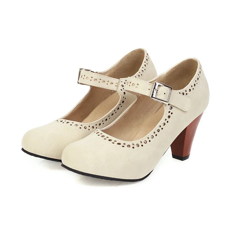 Kvinnors Läderperforerade Oxfords Brogue-skor För Vintage Hollow Spike Heel Pumps - Beige