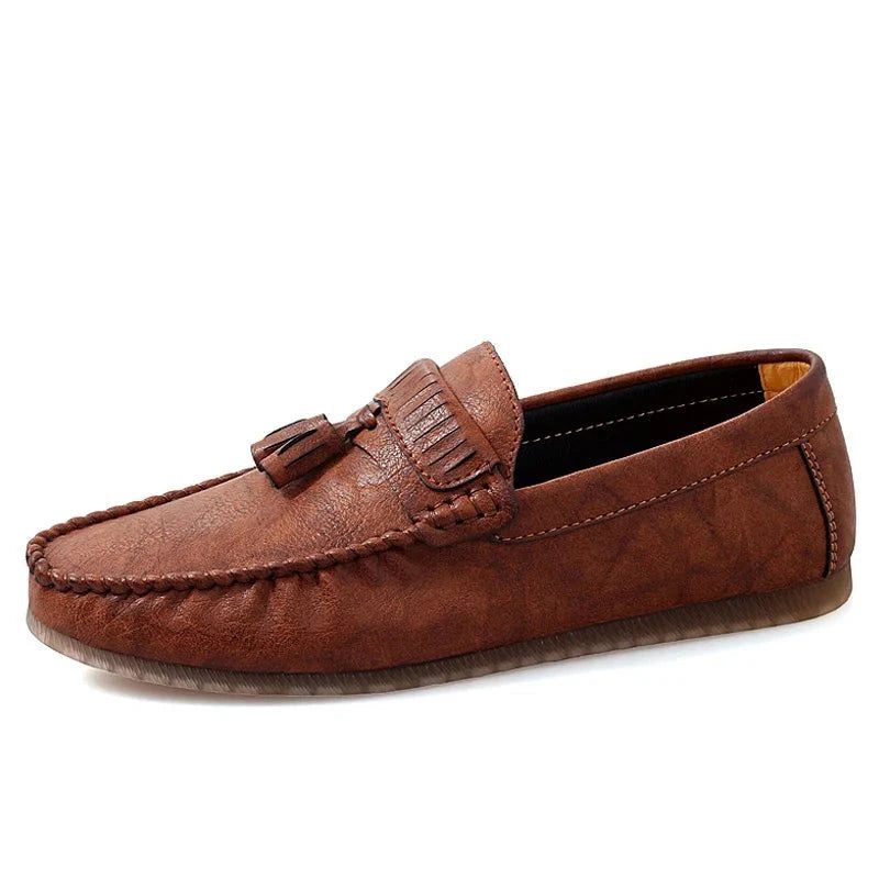 Läder Män Loafers Män Skor Handgjorda Tofs Man Slip On Flat - Svart