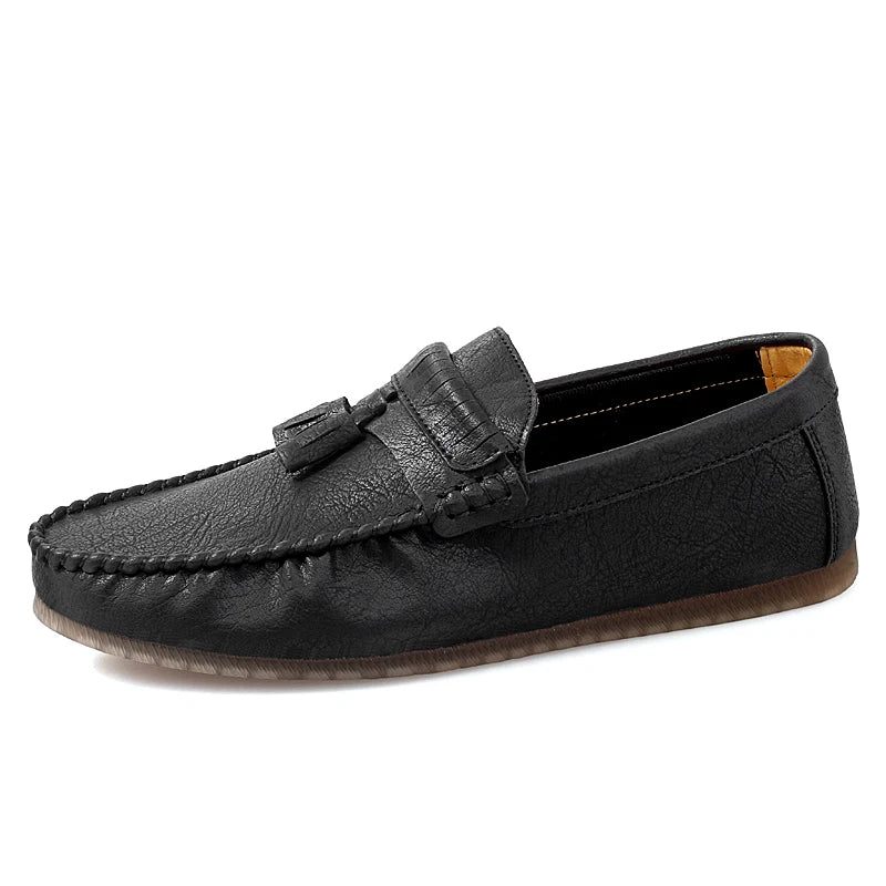 Läder Män Loafers Män Skor Handgjorda Tofs Man Slip On Flat - Svart