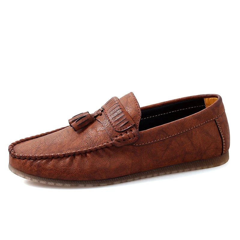 Läder Män Loafers Män Skor Handgjorda Tofs Man Slip On Flat - Svart