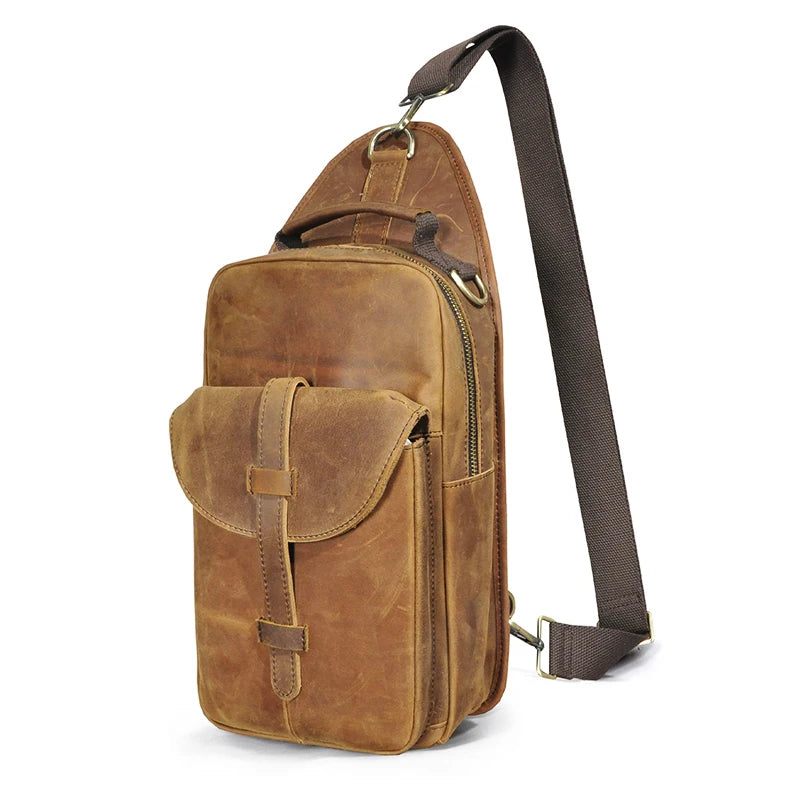 Läder Retro Chest Pack Sling Bag Design Travel One Shoulder Bag Ryggsäck För Män - Brun