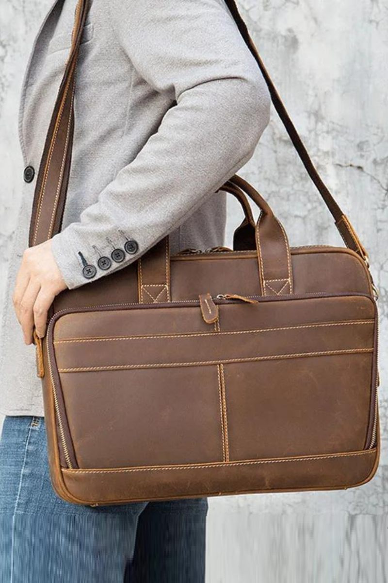 Läderportfölj För Man Business Handväska 15.6 Tum Laptop Portfolio Shoulder Messenger Bag