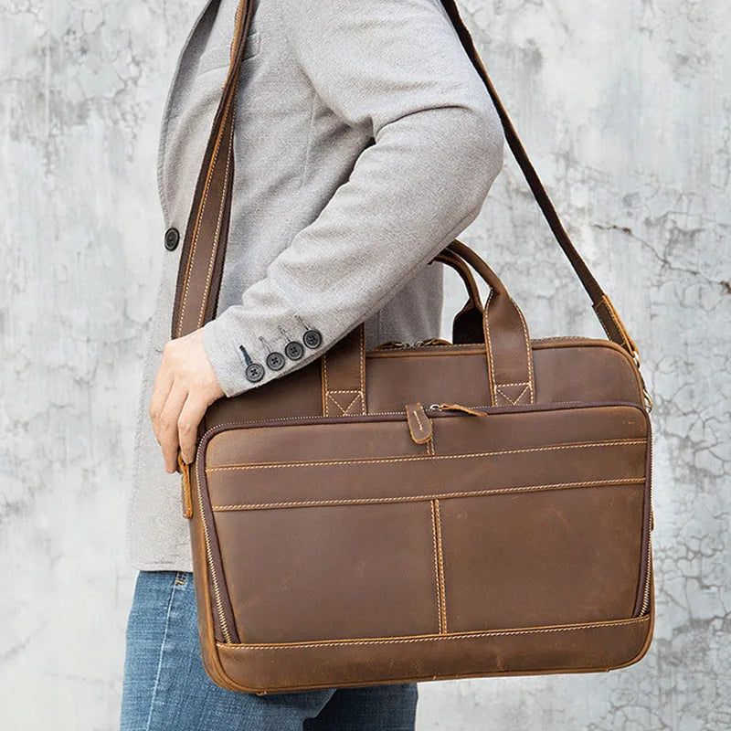 Läderportfölj För Man Business Handväska 15.6 Tum Laptop Portfolio Shoulder Messenger Bag - Brun