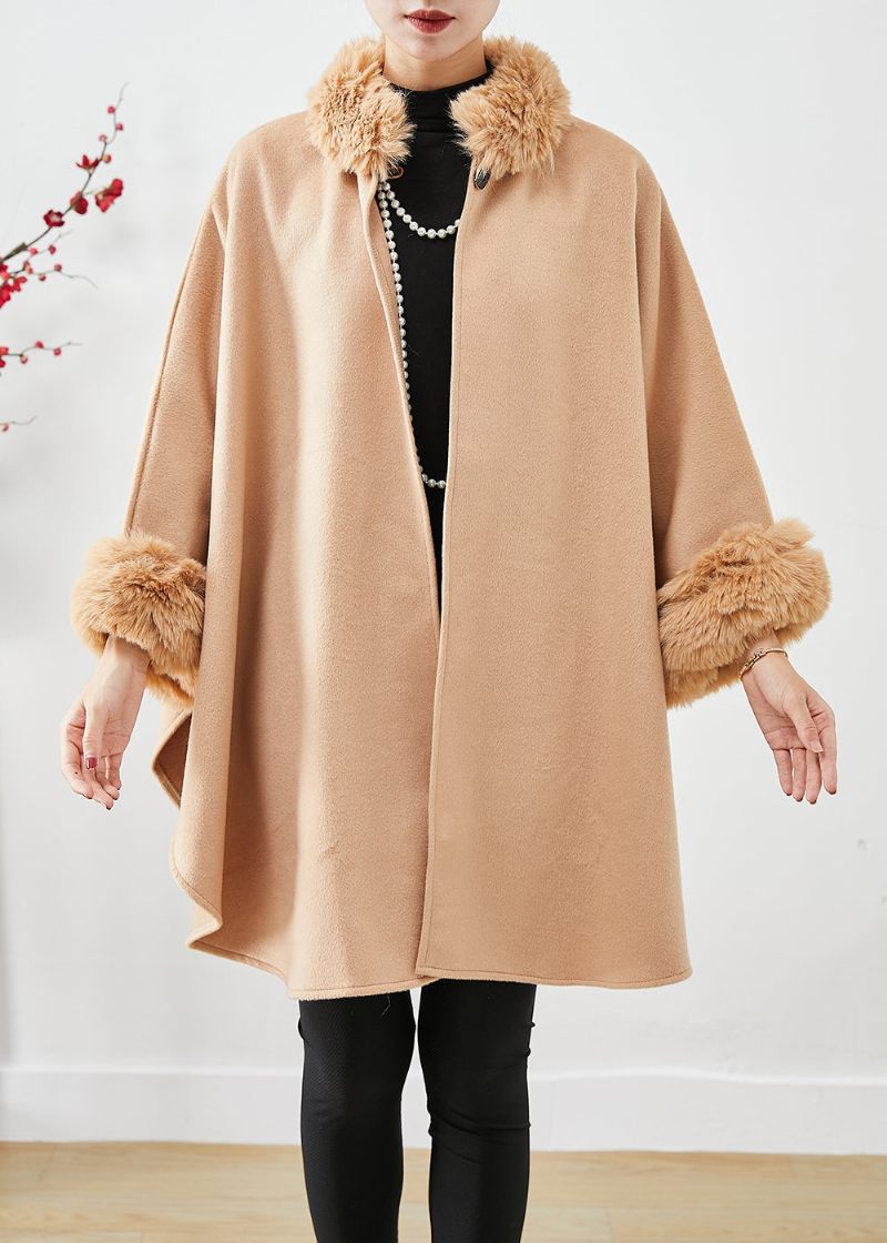 Lätt Camel Woolen Trench Överdimensionerad Pälskrage Batwing Sleeve - Trenchcoats för kvinnor