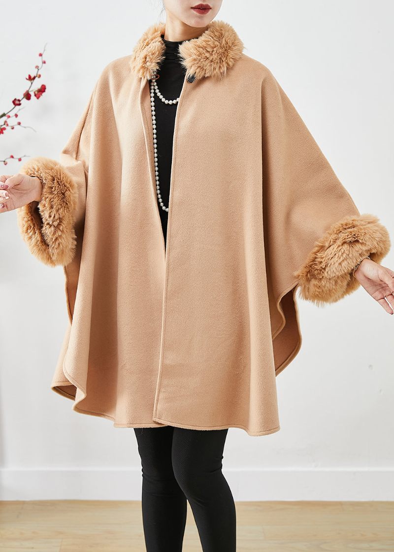 Lätt Camel Woolen Trench Överdimensionerad Pälskrage Batwing Sleeve - Trenchcoats för kvinnor