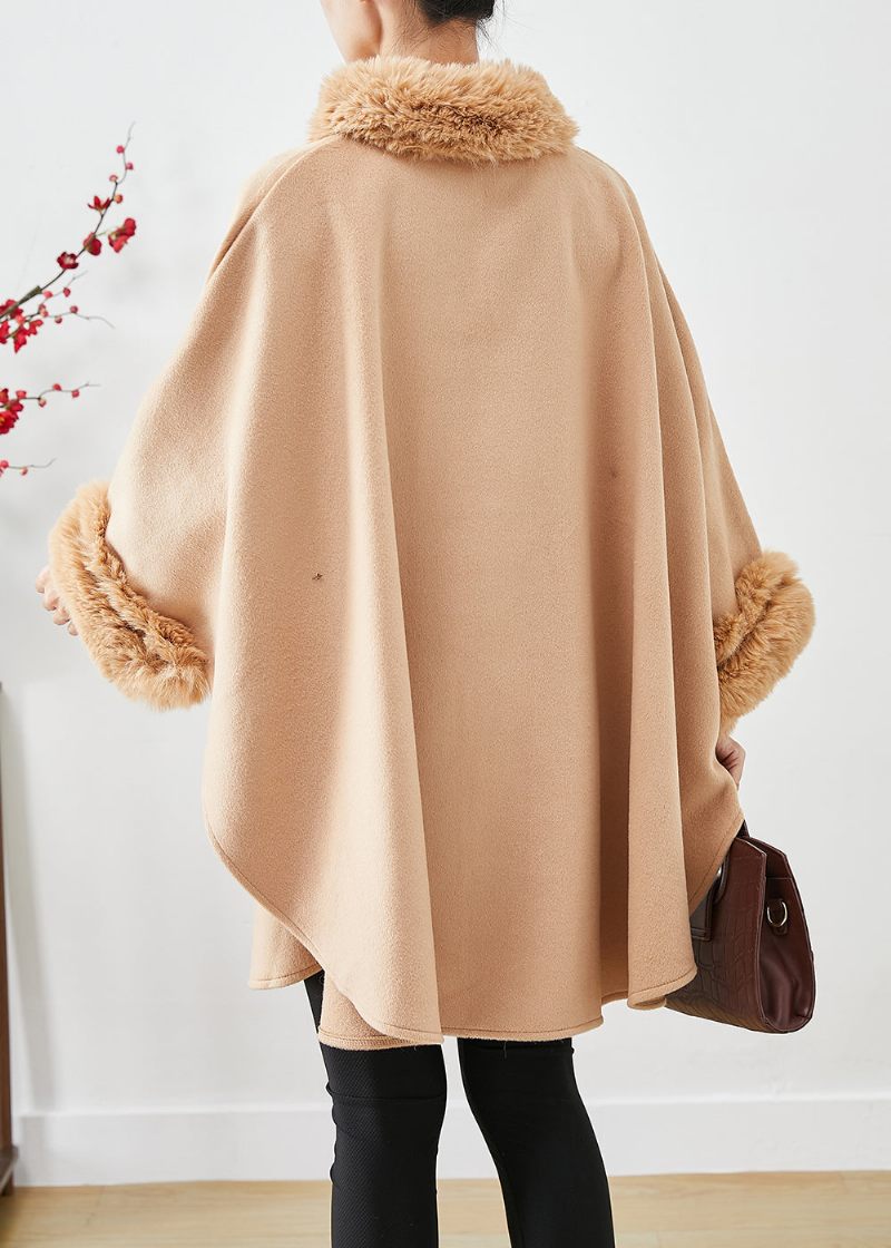 Lätt Camel Woolen Trench Överdimensionerad Pälskrage Batwing Sleeve - Trenchcoats för kvinnor