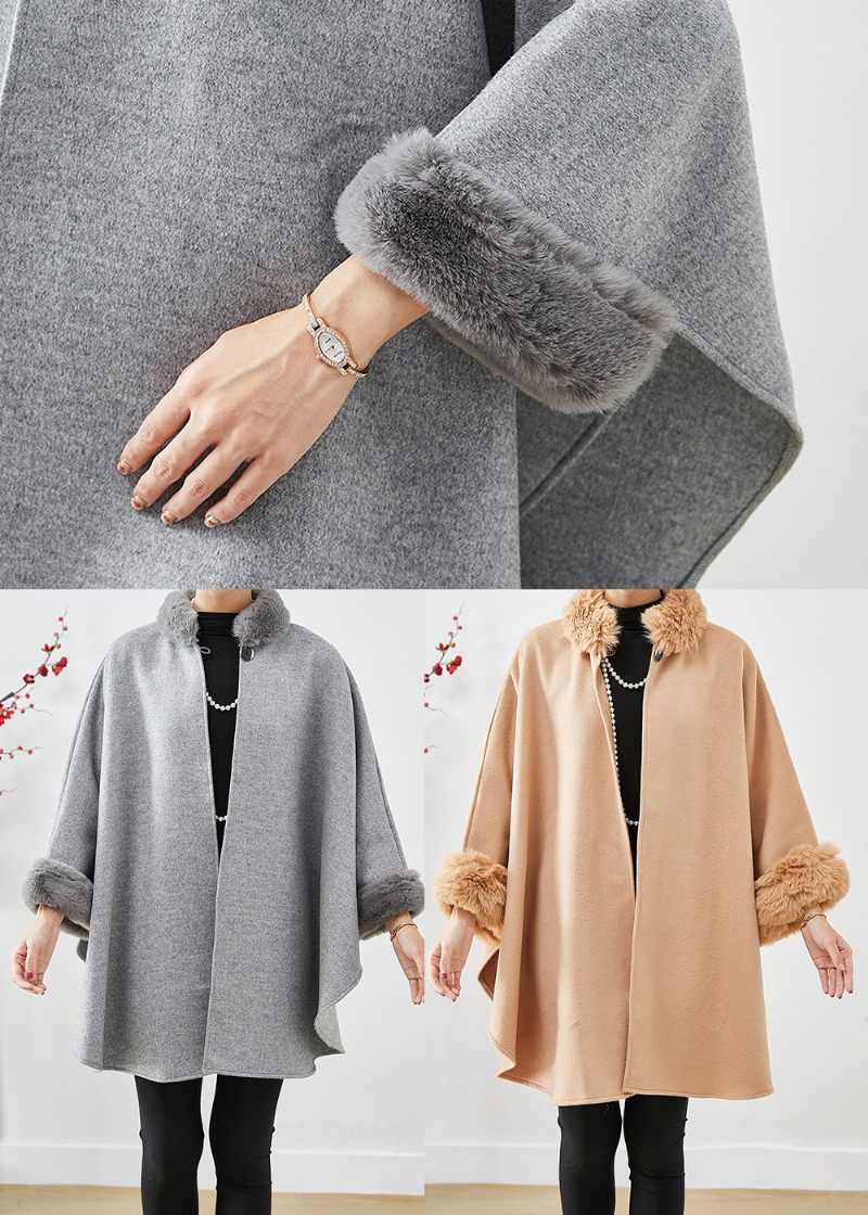 Lätt Camel Woolen Trench Överdimensionerad Pälskrage Batwing Sleeve - Trenchcoats för kvinnor