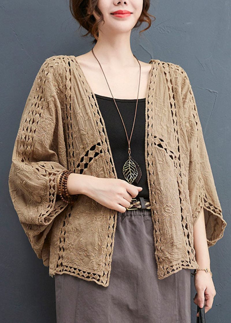 Lätt Khaki Lös Cardigan Hollow Out Batwing Sleeve