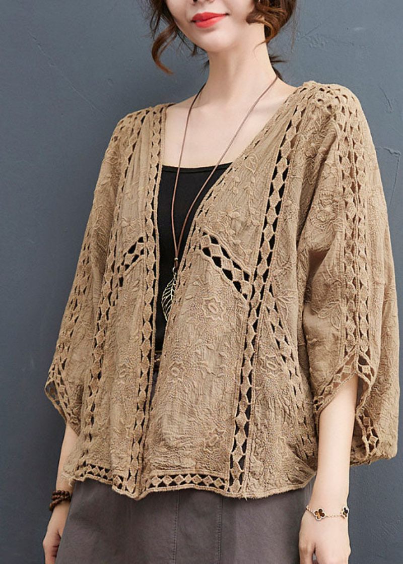 Lätt Khaki Lös Cardigan Hollow Out Batwing Sleeve - Ljus Khaki