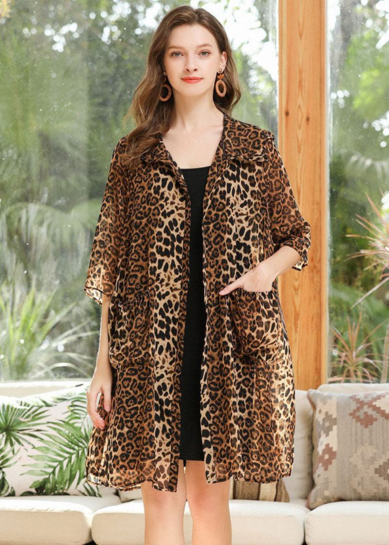 Leopard Chiffong Upf 50+ Cardigan Huvfickor Sommar - Koftor för kvinnor