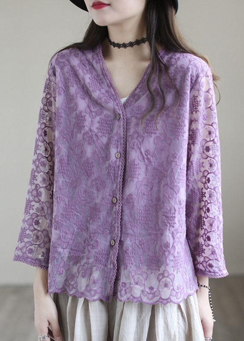 Lila Patchwork Cotton Loose Cardigans Hollow Out Långärmad