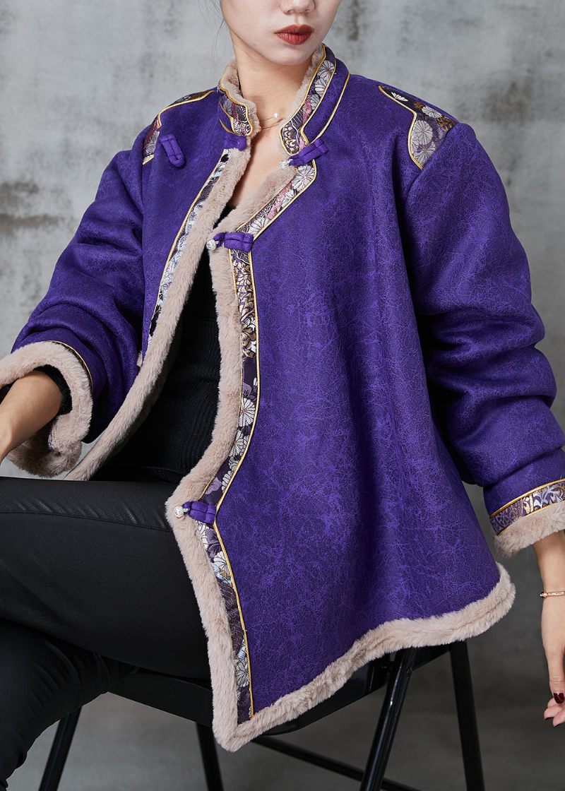 Lila Patchwork Varm Fleece Orientalisk Kappa Mandarin Krage Spring