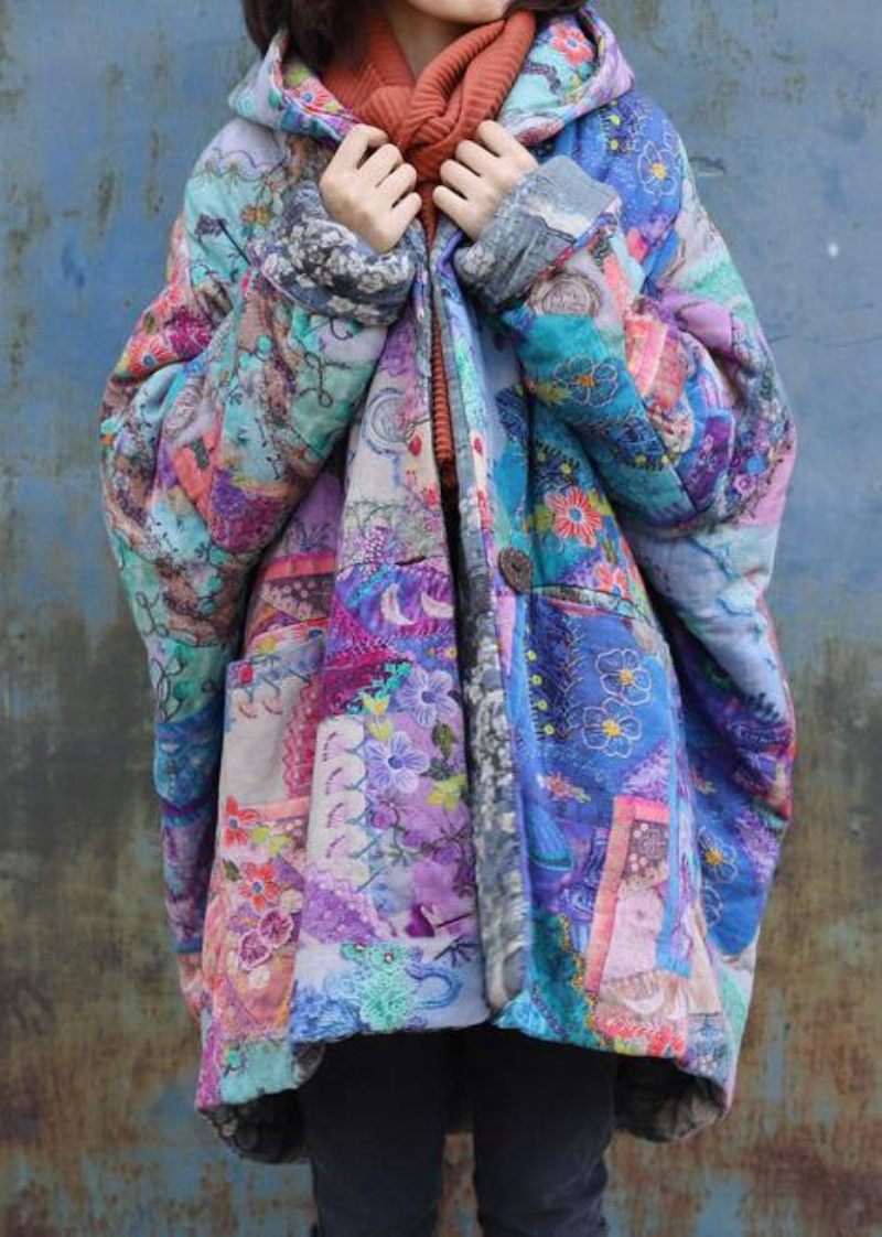 Lila Tryck Överrock Oversized Varm Vinterkappa Luva Patchwork - Lila