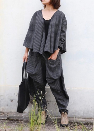 Litterär Höst Lady Grey Woolen Set Kort Jacka + Irregular Casual Pants