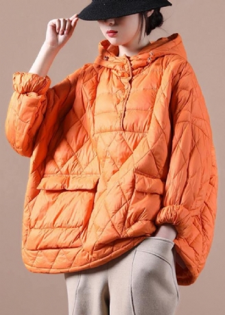 Litterär Orange Plus Size Hood Pullover Korta Puffers Jackor