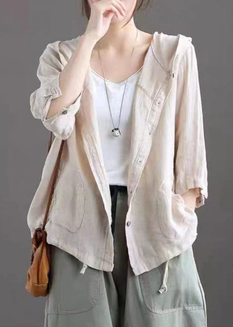 Ljus Khaki Fickor Patchwork Linne Hooded Coat Button Summer