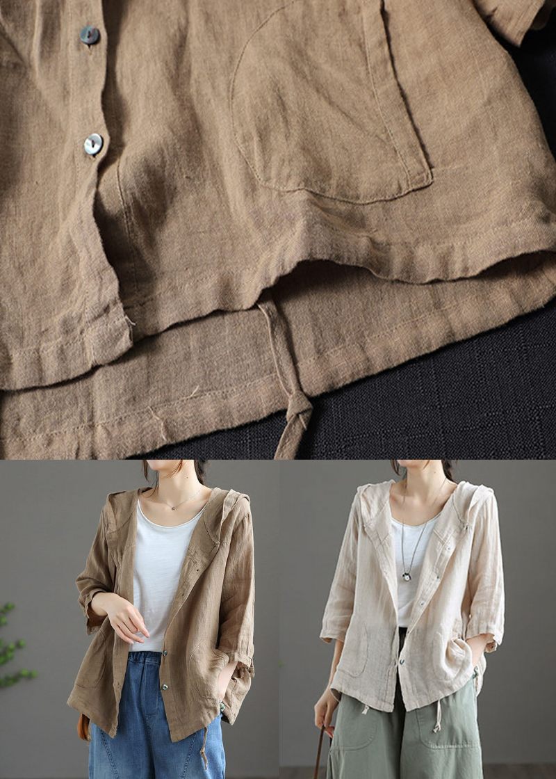 Ljus Khaki Fickor Patchwork Linne Hooded Coat Button Summer - Vinterkappor för kvinnor