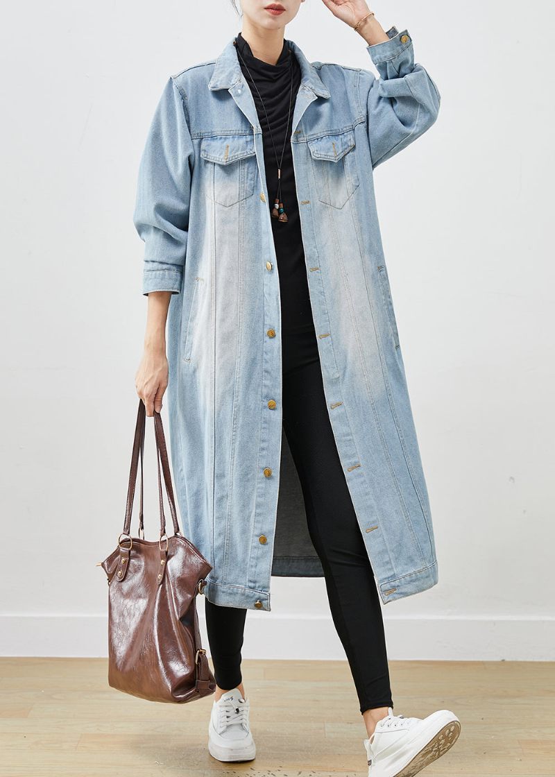 Ljusblå Denim Trench Oversized Button Down Spring