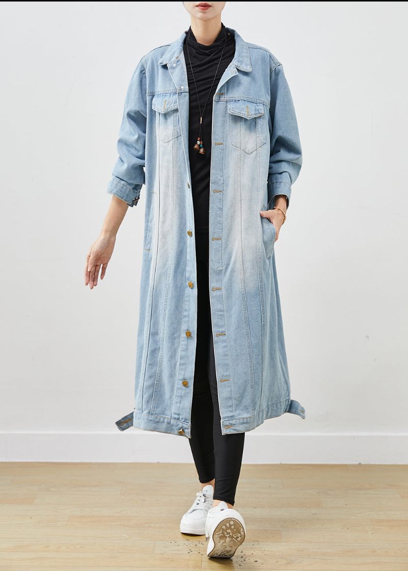 Ljusblå Denim Trench Oversized Button Down Spring - Vinterkappor för kvinnor