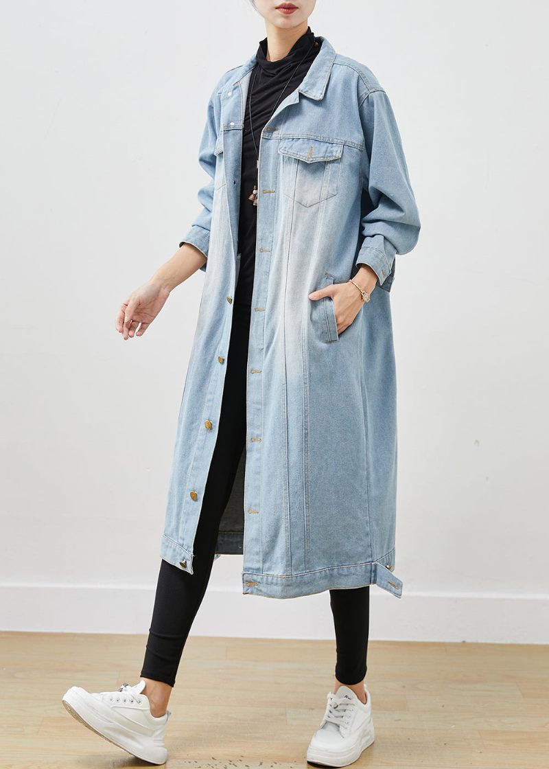 Ljusblå Denim Trench Oversized Button Down Spring - Vinterkappor för kvinnor