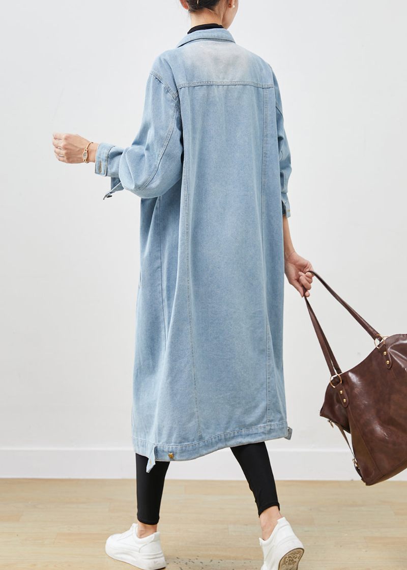 Ljusblå Denim Trench Oversized Button Down Spring - Vinterkappor för kvinnor