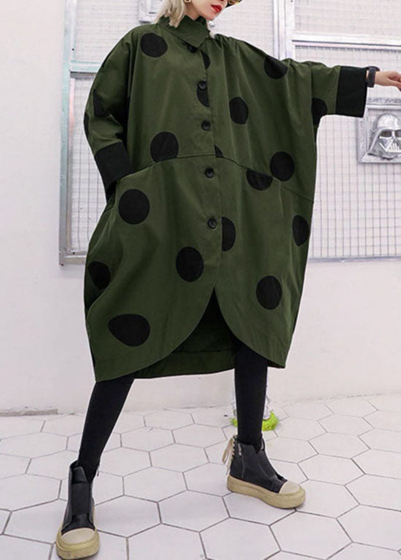 Lös Army Green Asymmetrisk Design Peter Pan Krage Pricktryck Trenchcoats Spring