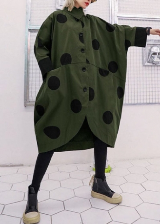 Lös Army Green Asymmetrisk Design Peter Pan Krage Pricktryck Trenchcoats Spring