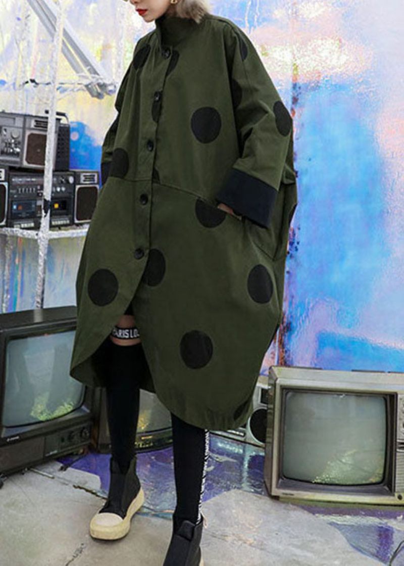 Lös Army Green Asymmetrisk Design Peter Pan Krage Pricktryck Trenchcoats Spring - Trenchcoats för kvinnor