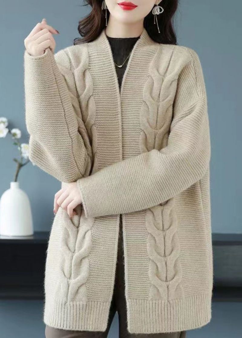 Lös Beige V-hals Patchwork Tjock Ullstickad Cardigan Fall - Koftor för kvinnor