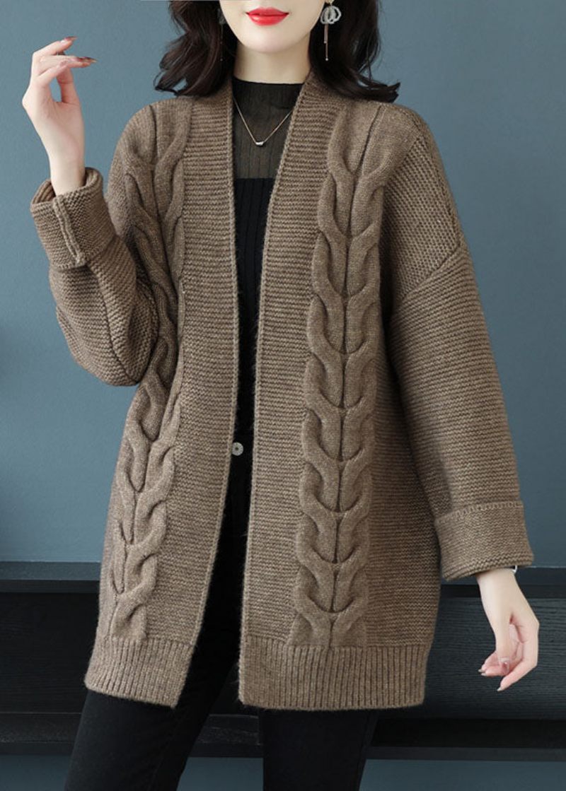 Lös Beige V-hals Patchwork Tjock Ullstickad Cardigan Fall - Koftor för kvinnor