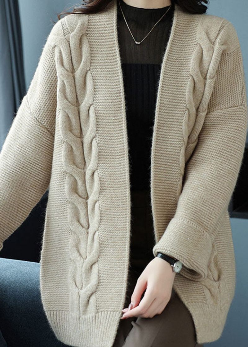 Lös Beige V-hals Patchwork Tjock Ullstickad Cardigan Fall - Koftor för kvinnor