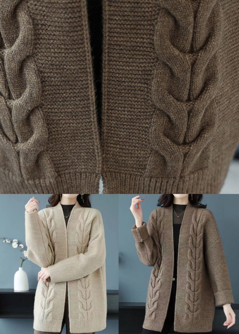 Lös Beige V-hals Patchwork Tjock Ullstickad Cardigan Fall - Koftor för kvinnor